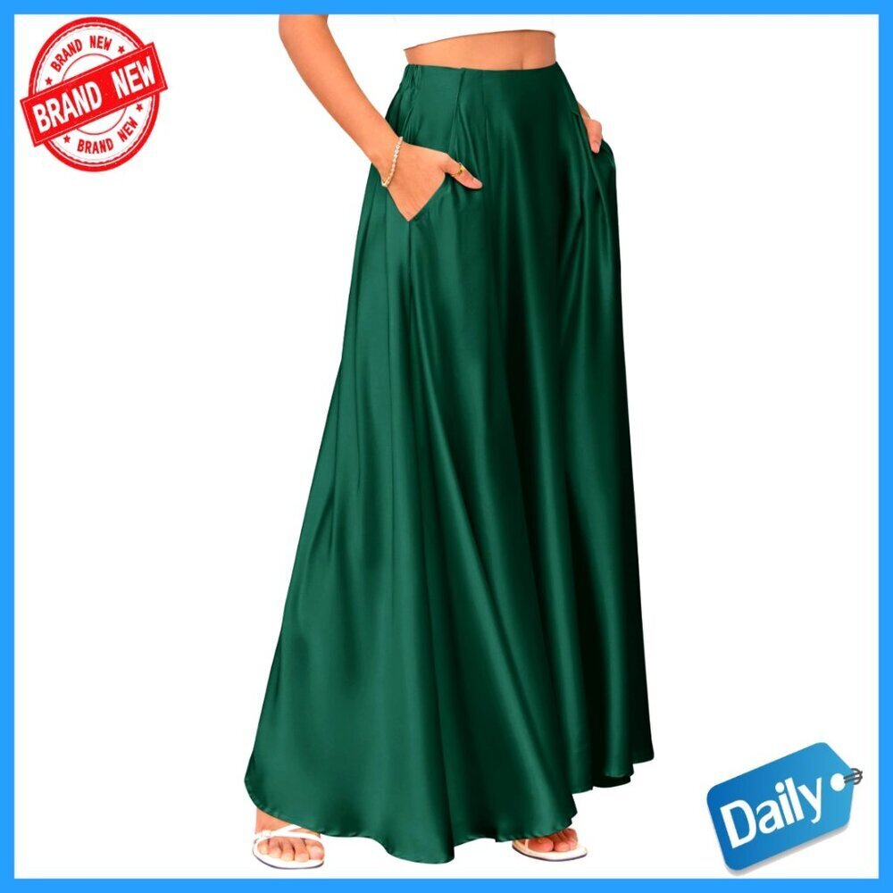 Maxi Satin Skirt High Waisted A-Line with Pockets for Office Holiday